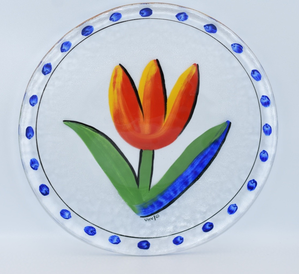 Kosta Boda Art Glass 13" Platter Tulipa Hand Decorated Ulrica Hydman-Vallien